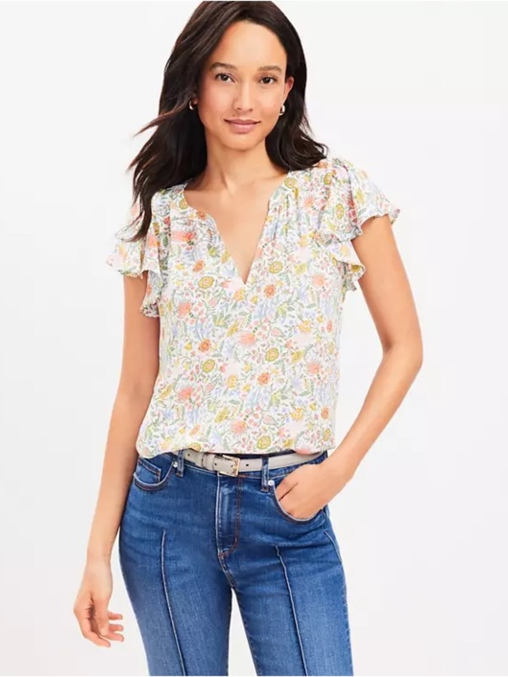 LOFT Short Flutter Sleeve Garden Floral Popover Blouse - Size M